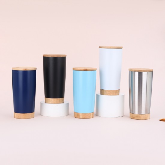 New bamboo-wood bottom 2 0oz car mug, 304 stainless steel coffee mug with wood grain lid, double-walled vacuum insulated office tumbler