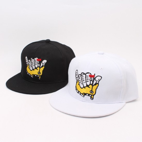 A versatile flat-brim hip-hop hat with personalized hand gesture embroidered cap, a fashionable street dance brand sun protection hat.