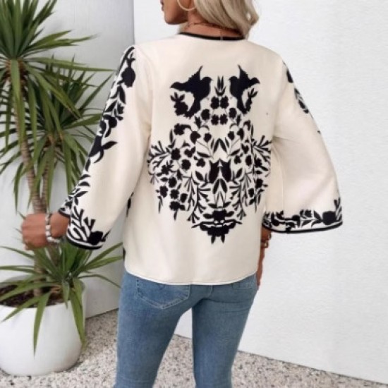 Autumn European and American fashion 2025 new style cross-border retro-style positioned print split-sleeve cardigan upper garment for women Autumn European and American fashion 2025 new style cross-border retro-style positioned print split-sleeve cardigan upper garment for women