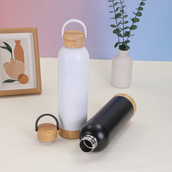 New bamboo-wood bottom and bamboo lid outdoor sports water bottle with plastic handle, portable water bottle, stainless steel vacuum thermos