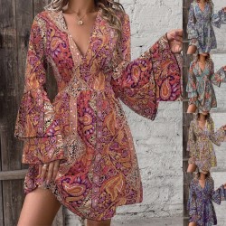 Spring and summer cross-border European and American new style bohemian paisley print bell sleeve dress for women 2025