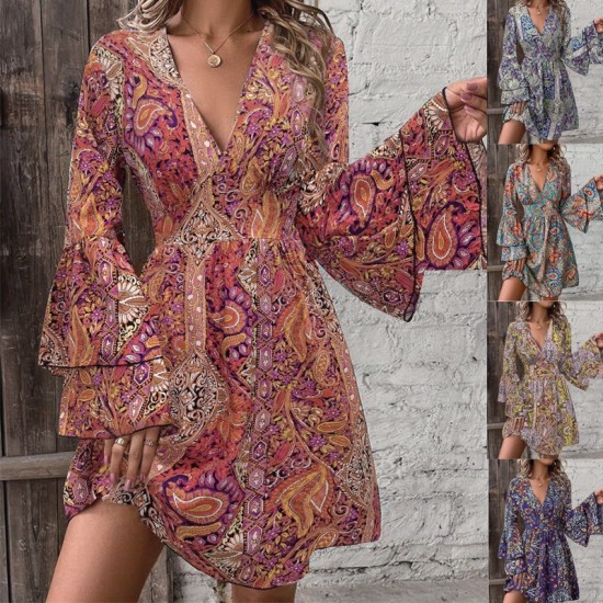 Spring and summer cross-border European and American new style bohemian paisley print bell sleeve dress for women 2025