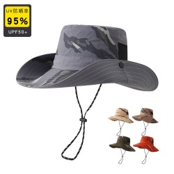 Spring/Summer men's wide-brimmed fishing hat, camouflage bucket hat, outdoor hiking sun visor with mesh sun protection.