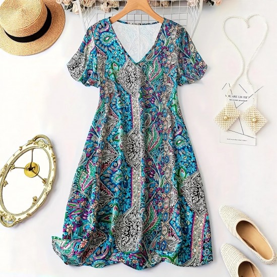 Spring and summer cross-border European and American new style romantic print bohemian resort style plus size dress for women 2025