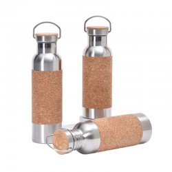 Cross-border 304 stainless steel thermos with bamboo-grain wooden lid, direct drinking hiking kettle, creative cork cloth cover sports water bottle