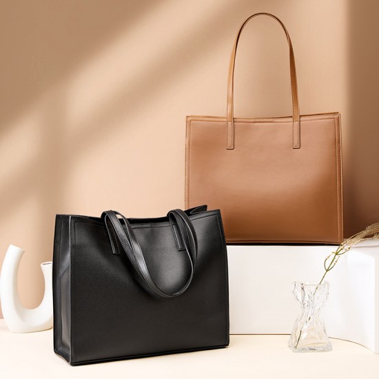 New niche women's genuine leather large-capacity briefcase, laptop bag, black cowhide commuter bag.