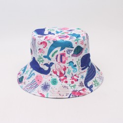 Bull hats with cartoon underwater world prints and whale graffiti, reversible bucket hats for outdoor travel and fresh style
