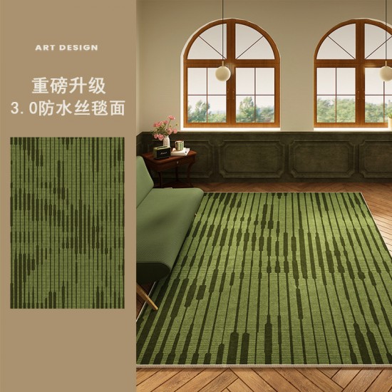 Mid-century French vintage green rug for the living room, American luxury, low-maintenance coffee table rug