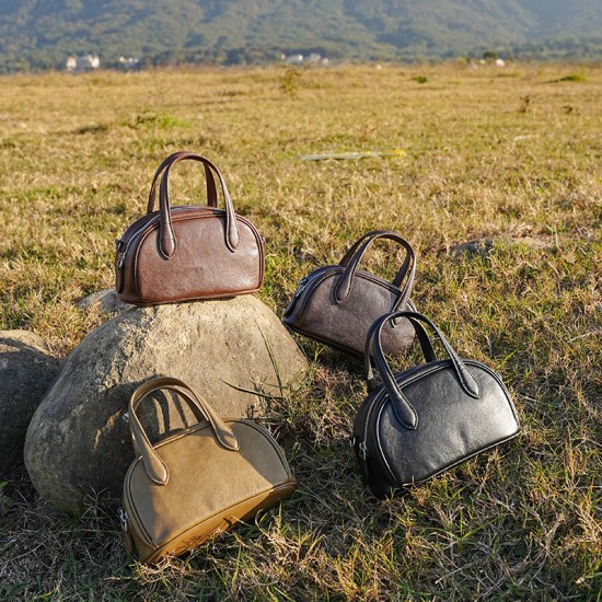 Retro new genuine leather women's bags, cross-border vegetable-tanned cowhide Boston bowling bags, niche shoulder and crossbody handbags Retro new genuine leather women's bags, cross-border vegetable-tanned cowhide Boston bowling bags, niche shoulder and crossbody handbags