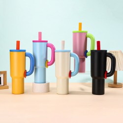 Cross-border giant 40oz handle car tumbler, dopamine color matching vacuum thermos, car portable straw cup