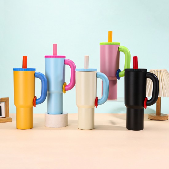 Cross-border giant 40oz handle car tumbler, dopamine color matching vacuum thermos, car portable straw cup