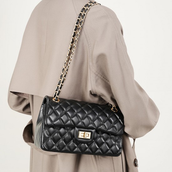 Top-grain cowhide bag, cowhide chain, Chanel-style fashionable diamond-patterned shoulder bag, small square genuine leather bag