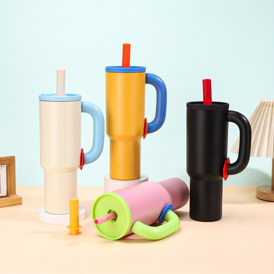 Cross-border giant 40oz handle car tumbler, dopamine color matching vacuum thermos, car portable straw cup