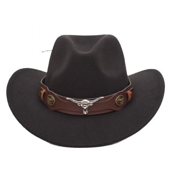 Cross-border Golog Tibetan hat, western cowboy hat, bull head accessory, felt hat, ethnic style curled brim jazz hat