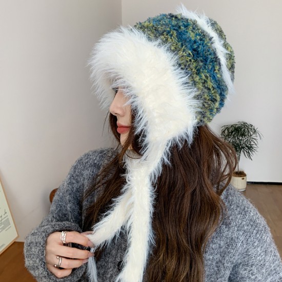 Korean-style autumn and winter warm knitted beanies, rabbit fur hats, earmuffs, and color-blocked plush earmuffs.