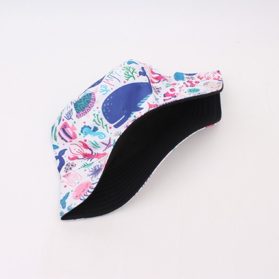 Bull hats with cartoon underwater world prints and whale graffiti, reversible bucket hats for outdoor travel and fresh style