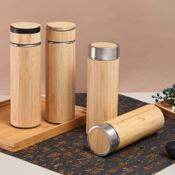 304 stainless steel thermos with portable lid, stylish bamboo-grain straight cup, portable office tea cup