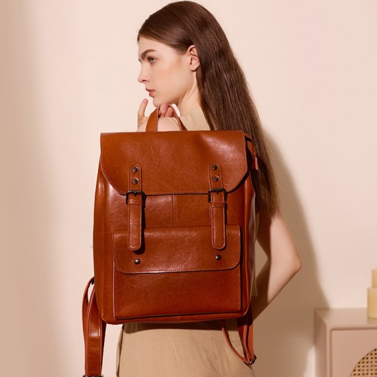 Women's Genuine Leather Backpack, Durable Cowhide Laptop Backpack, 14-inch, Large Capacity, British Retro, Neutral Full Leather